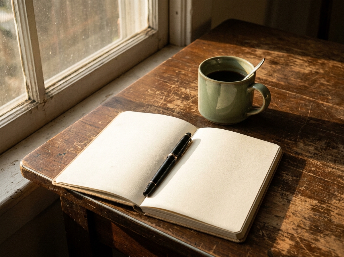 An open notebook with a fountain pen on a worn table, warm afternoon light through a window.