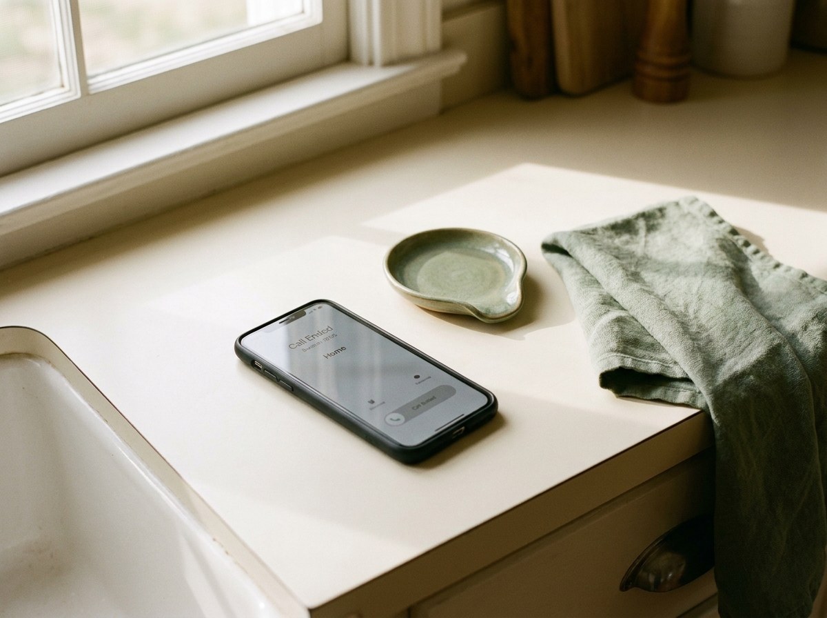 A smartphone face-up on a kitchen counter showing a recently ended call — moments after the agent finished booking a reservation.