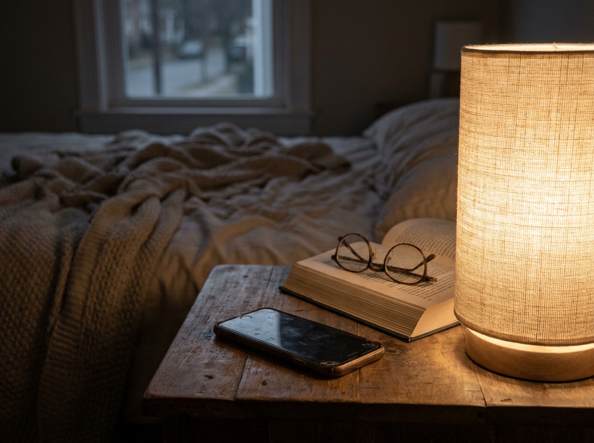 A smartphone resting on a wooden nightstand under soft lamplight, evening warmth.