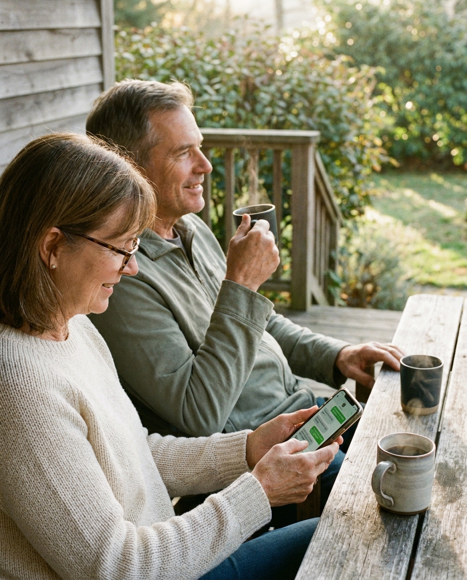 A couple in their late 50s on a wooden porch with coffee, one reading a text message on her phone with a soft smile.