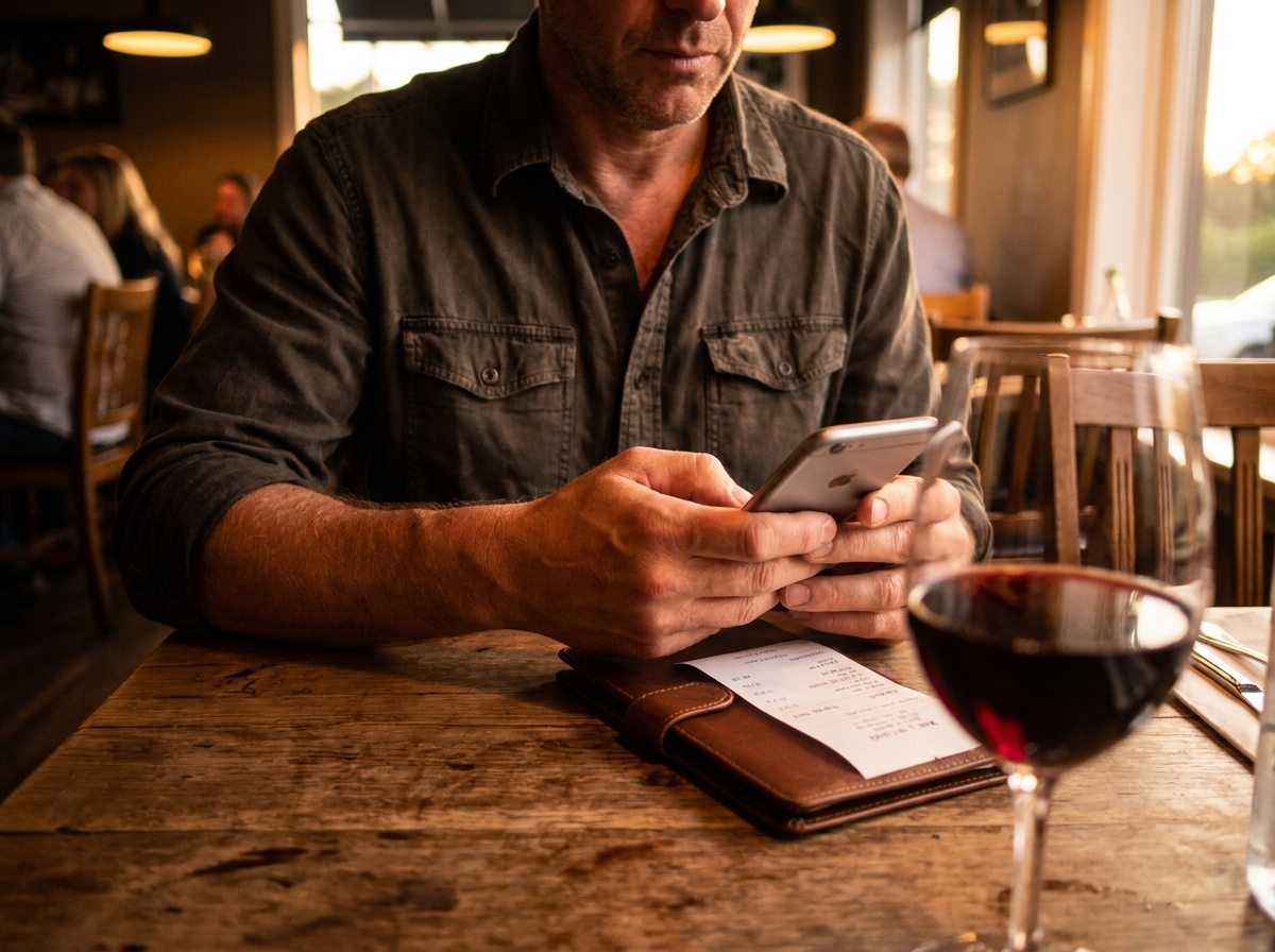A man in his early 50s at a restaurant table, taking a phone photo of a dinner check.